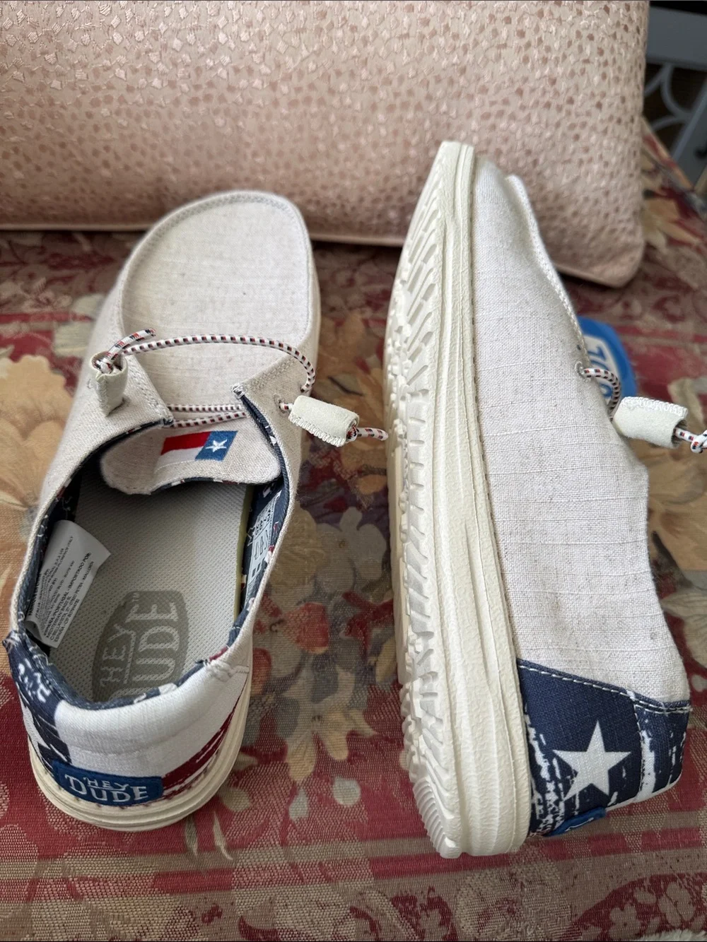 Hey Dude Kids Slip-On Sneakers in Natural Beige with Navy Accents. Brand new.